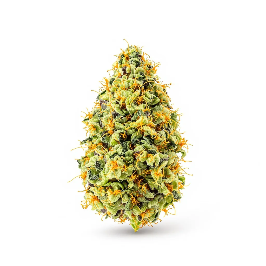 Gelato Cake 6% indica / 94% sativa flower with visible trichomes