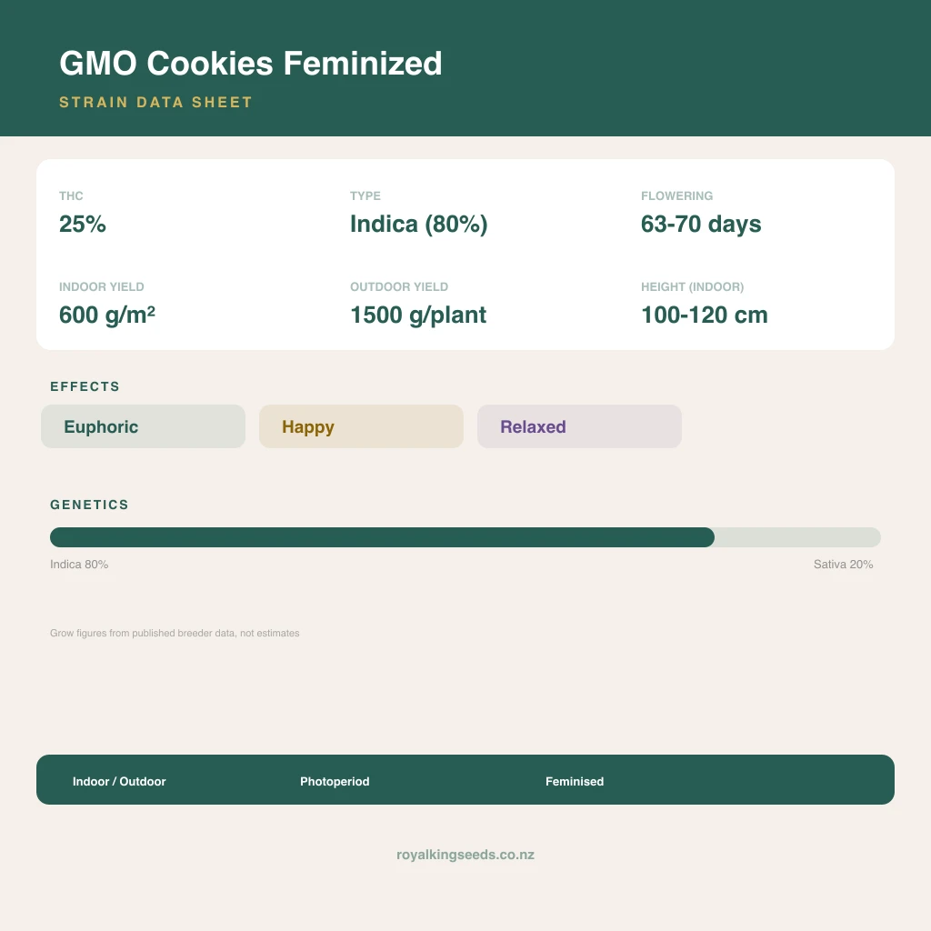 GMO Cookies 80% indica / 20% sativa flower with visible trichomes