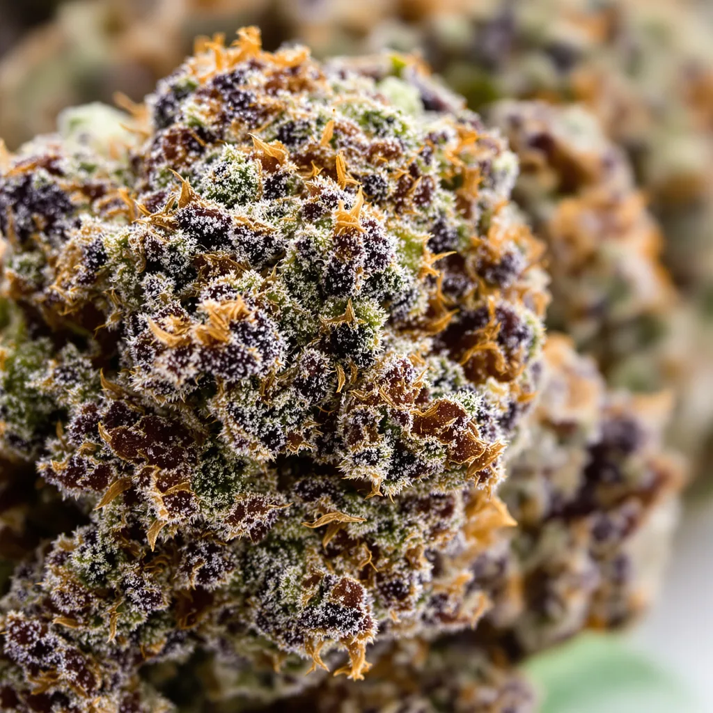 GMO Cookies cannabis bud close-up showing dense purple-tinged calyxes