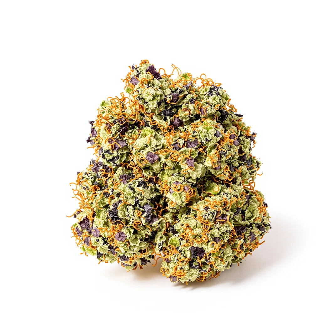 Goatlato 65% indica / 35% sativa flower with visible trichomes