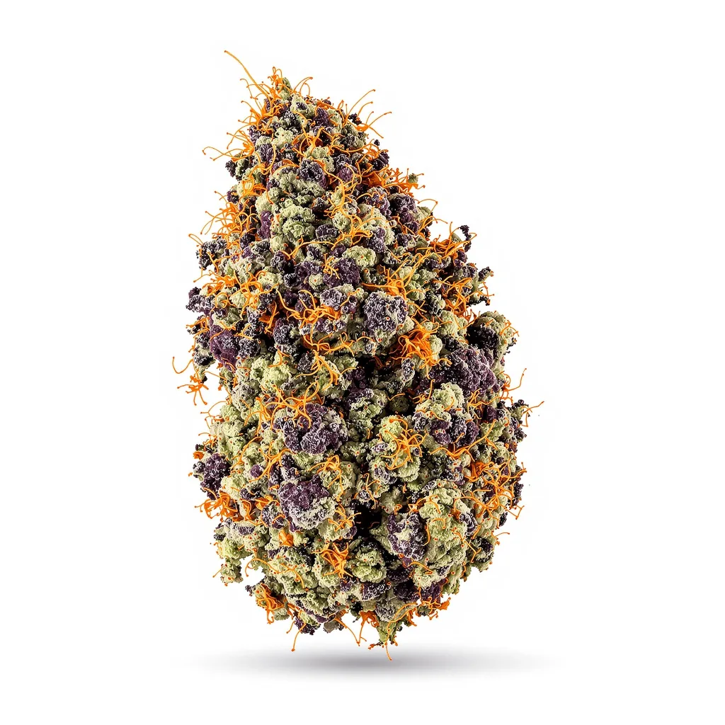 Goatlato 65% indica / 35% sativa flower with visible trichomes
