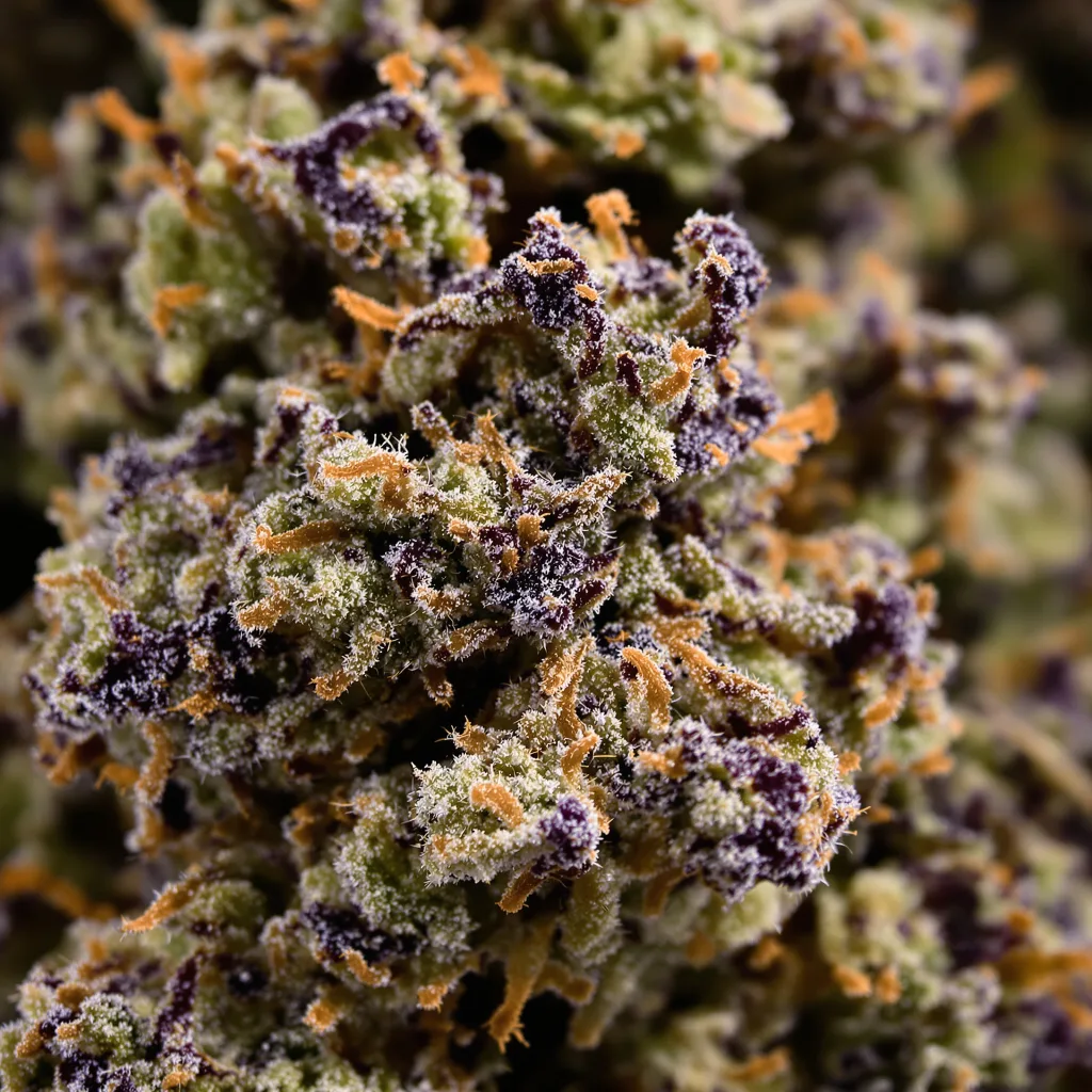 Gobbilygoo cannabis bud close-up showing dense purple-tinged calyxes