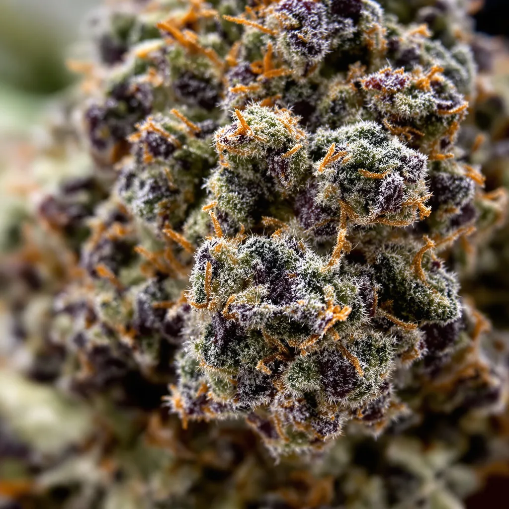 God's Gift cannabis bud close-up showing dense purple-tinged calyxes