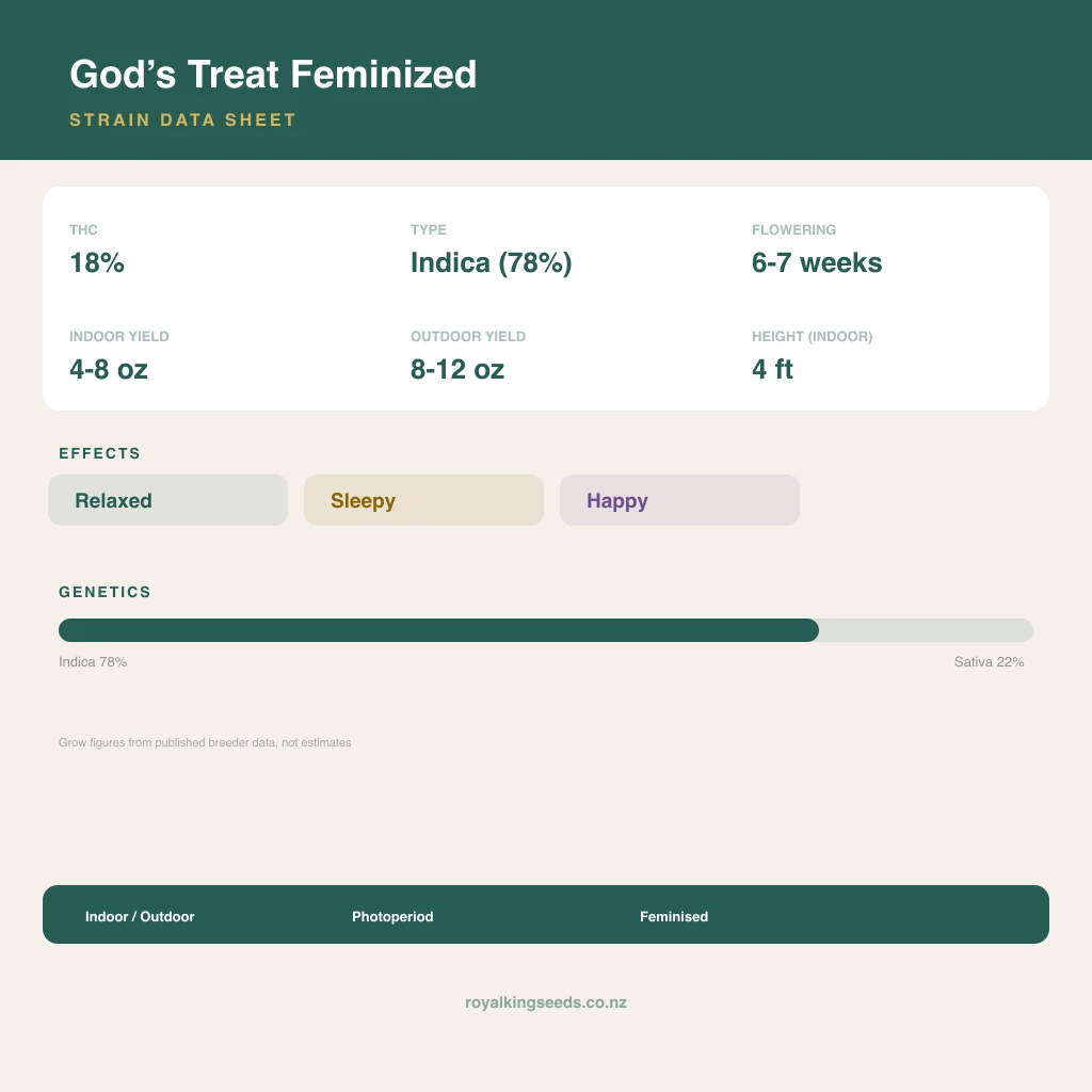 God’s Treat 78% indica / 22% sativa flower with visible trichomes