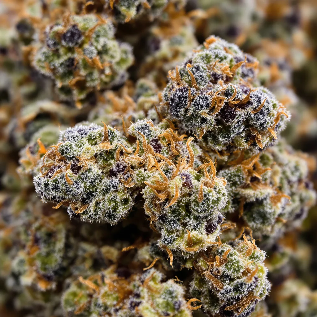God’s Treat cannabis bud close-up showing dense purple-tinged calyxes