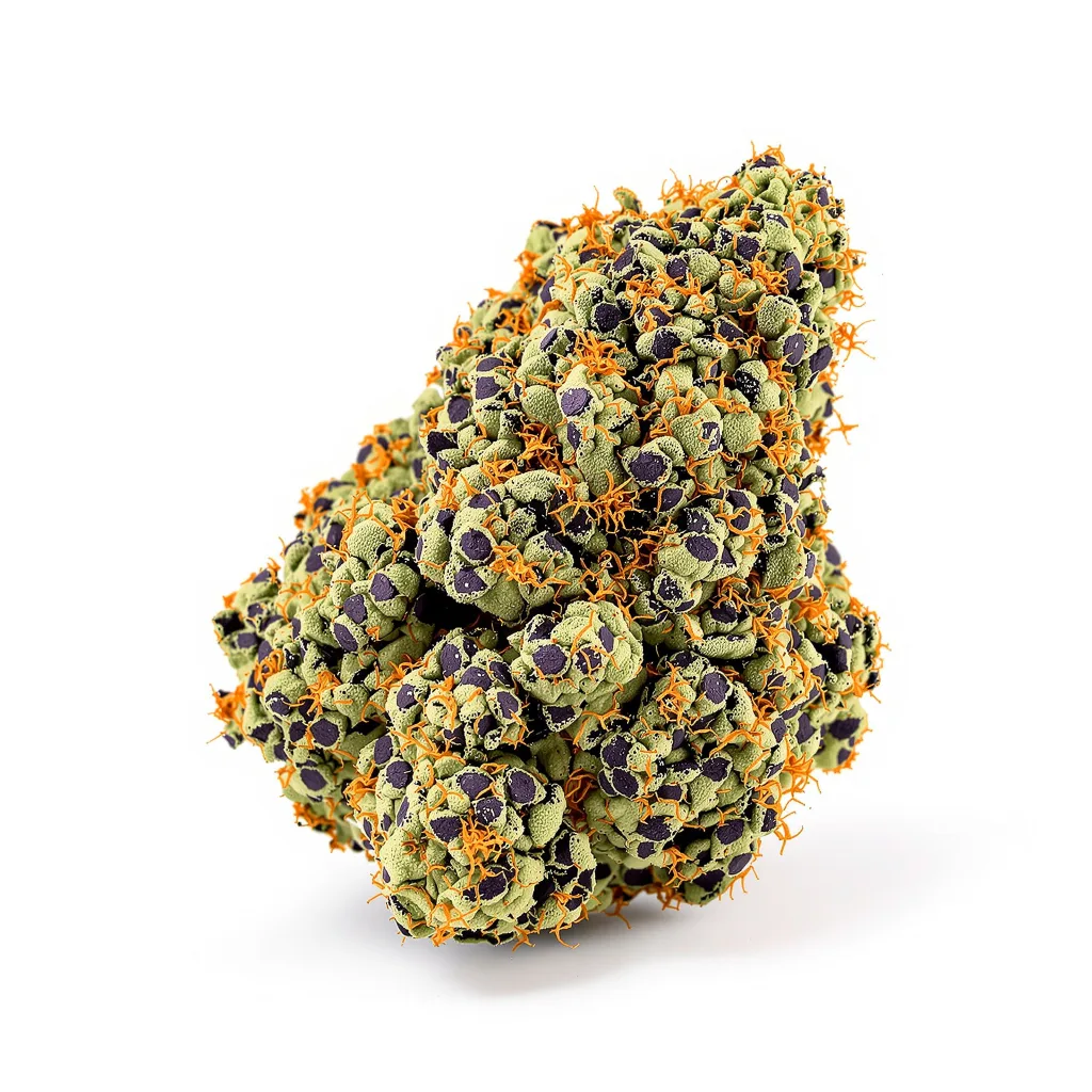 Godberry 74% indica / 26% sativa flower with visible trichomes