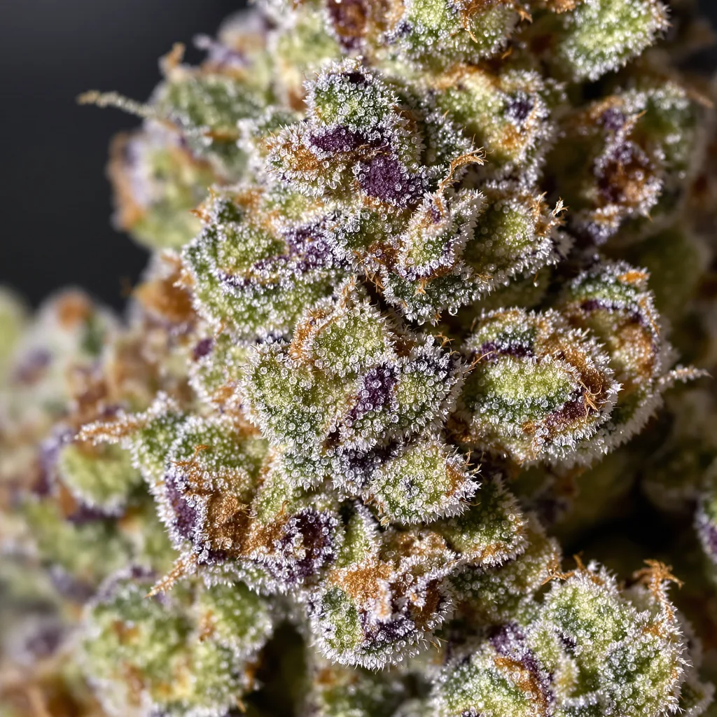 Godfather OG cannabis bud close-up showing dense forest-green nugs