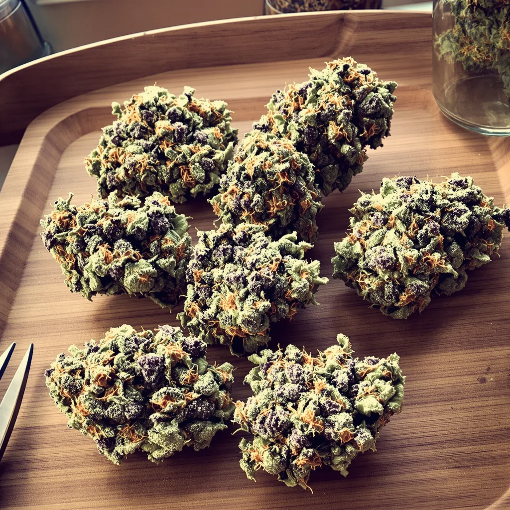 Godfather Purple Kush 53% indica / 47% sativa flower with visible trichomes