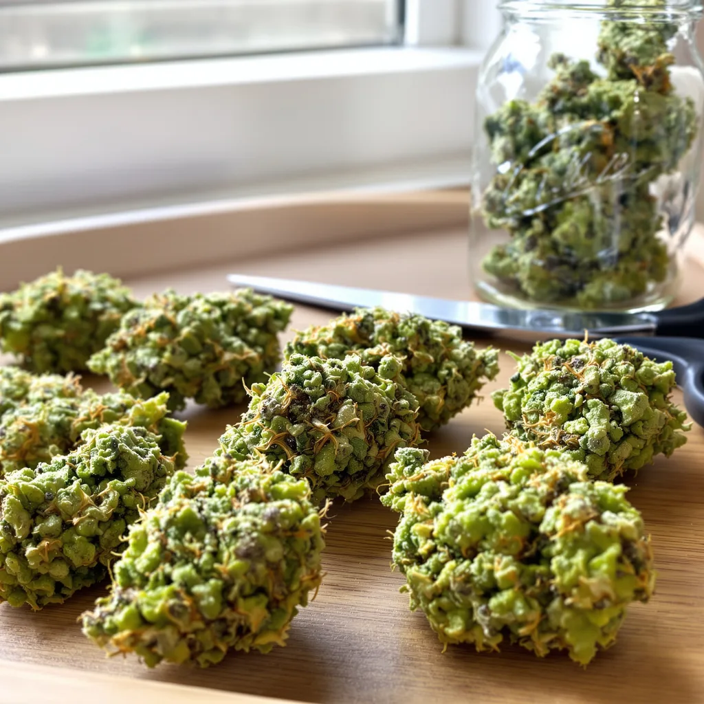 Goji OG 20% indica / 80% sativa flower with visible trichomes