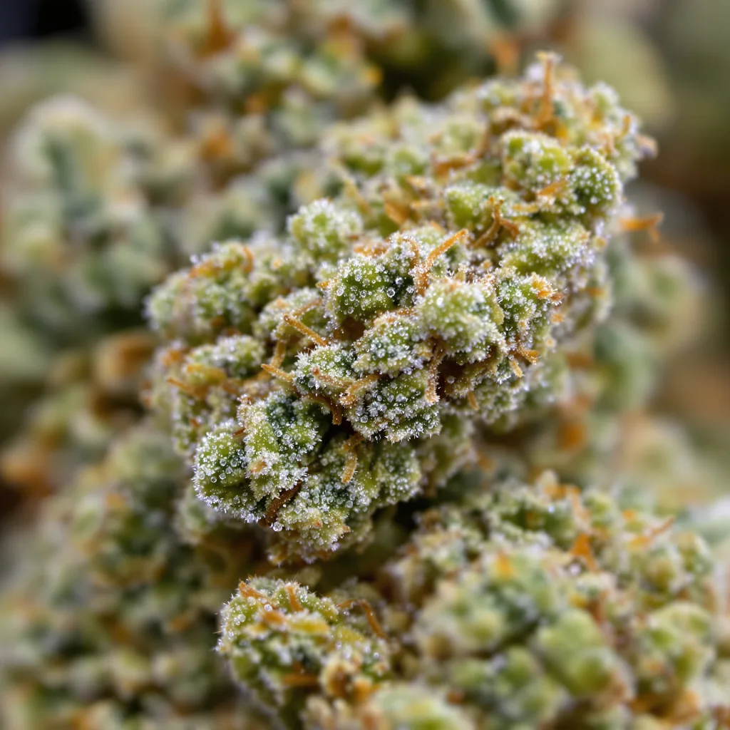 Goji OG cannabis bud close-up showing lime-green airy structure