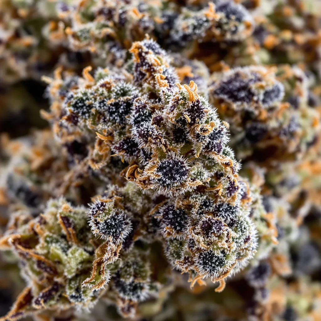 Goji OG Haze cannabis bud close-up showing dense purple-tinged calyxes