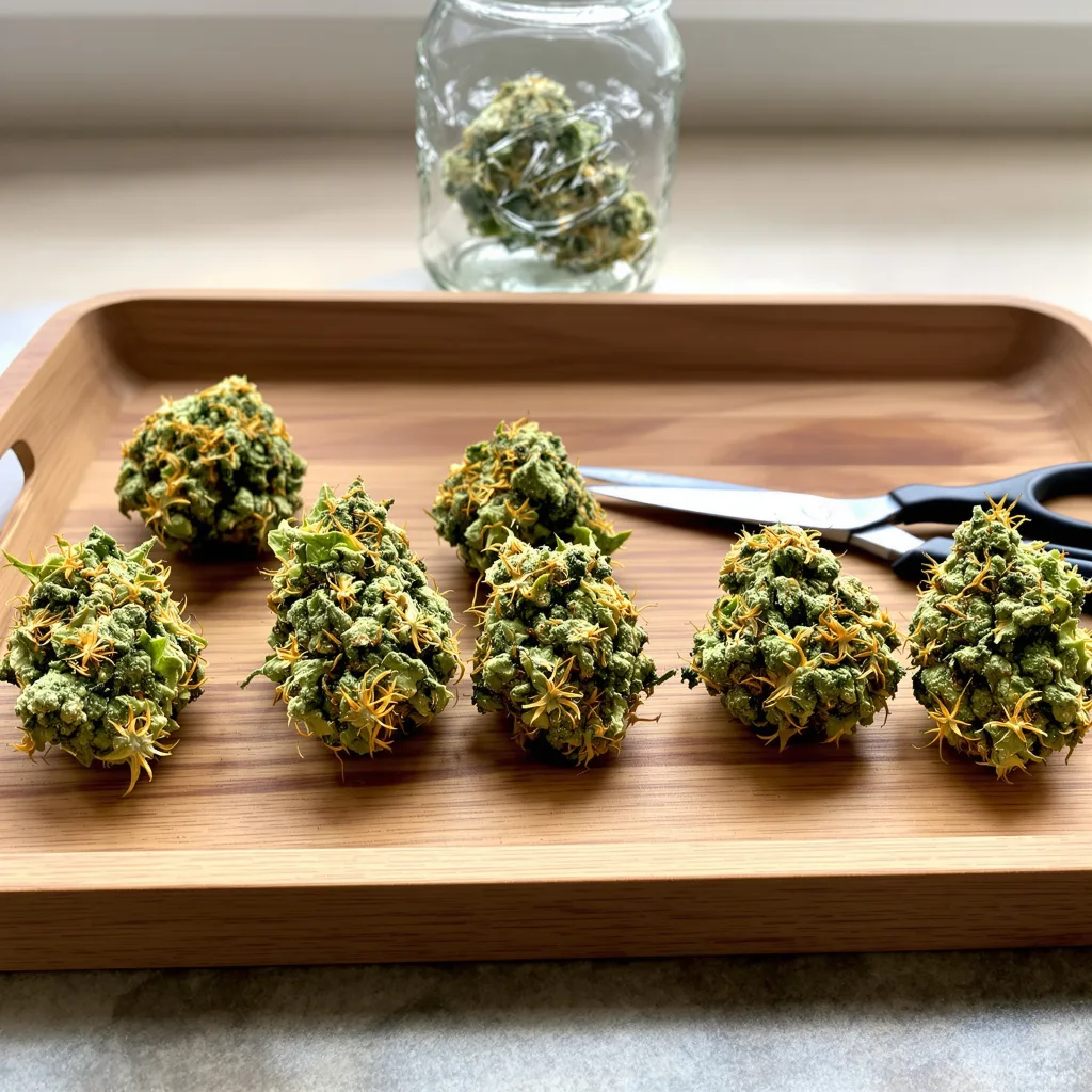 Golden Goat 6% indica / 94% sativa flower with visible trichomes