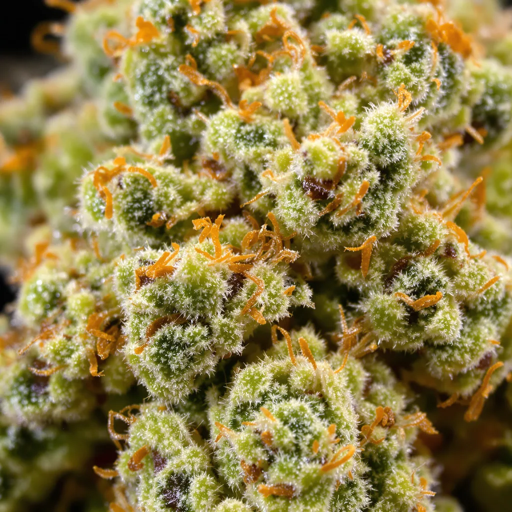 Golden Goat cannabis bud close-up showing lime-green airy structure