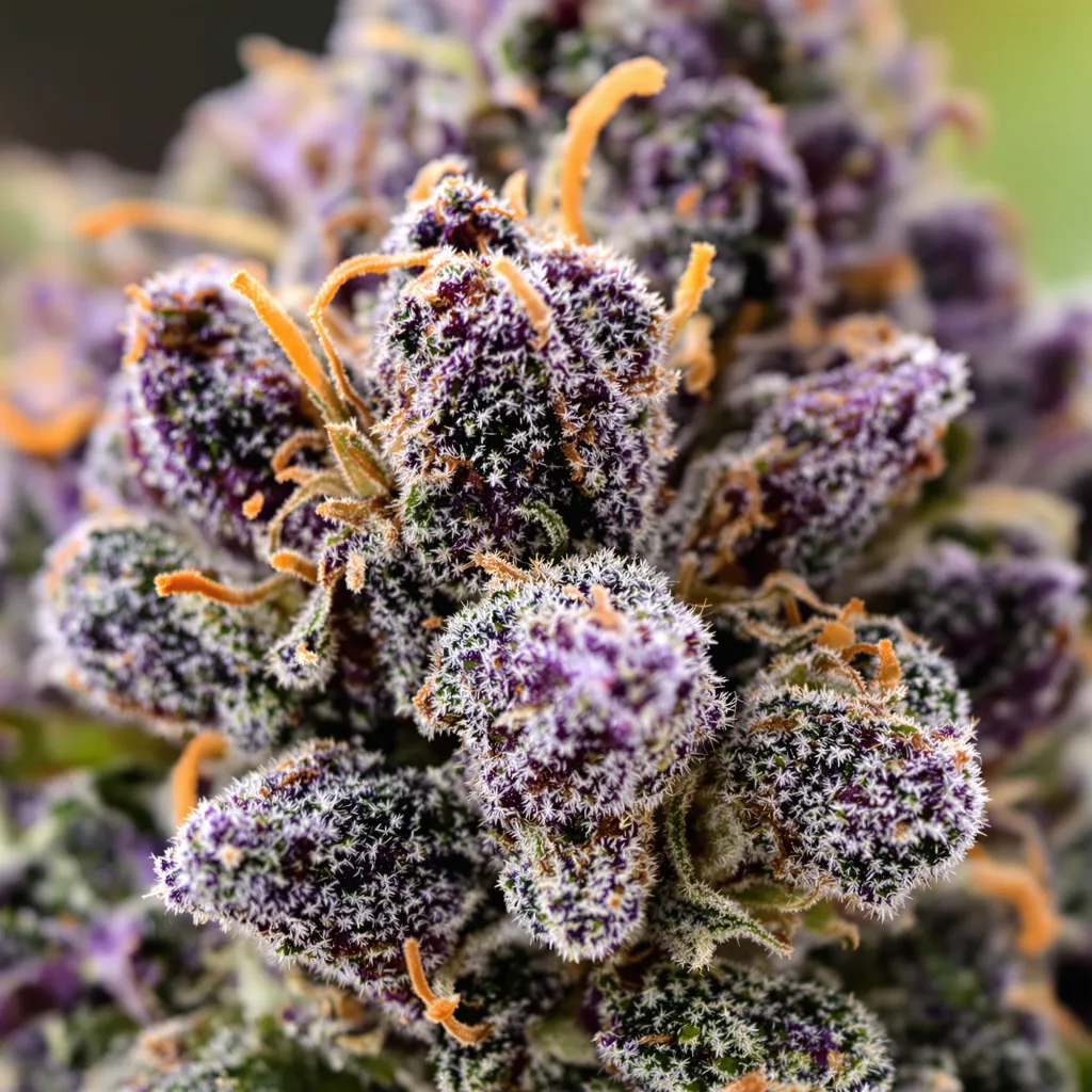 Grandmommy Purple cannabis bud close-up showing dense purple-tinged calyxes