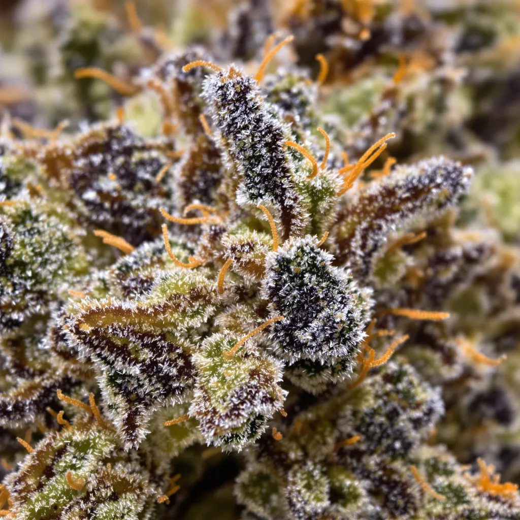 Grandpa Larry OG cannabis bud close-up showing dense purple-tinged calyxes