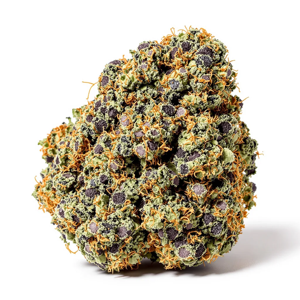 Grape God 70% indica / 30% sativa flower with visible trichomes