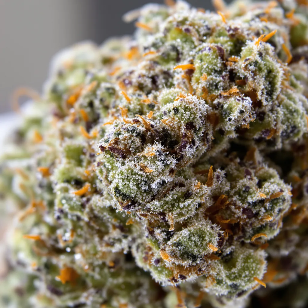 Grease Monkey cannabis bud close-up showing balanced bud structure with frosted trichomes