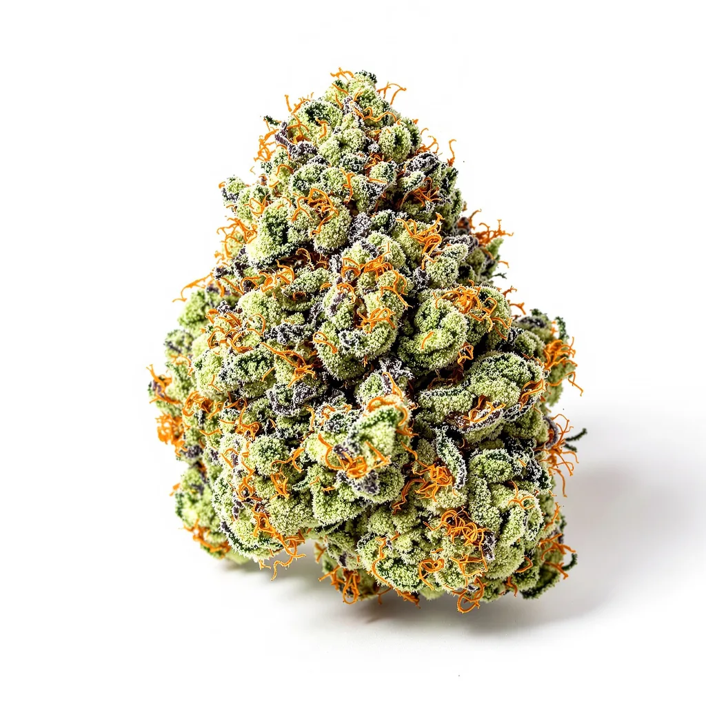 Grease Monkey 48% indica / 52% sativa flower with visible trichomes
