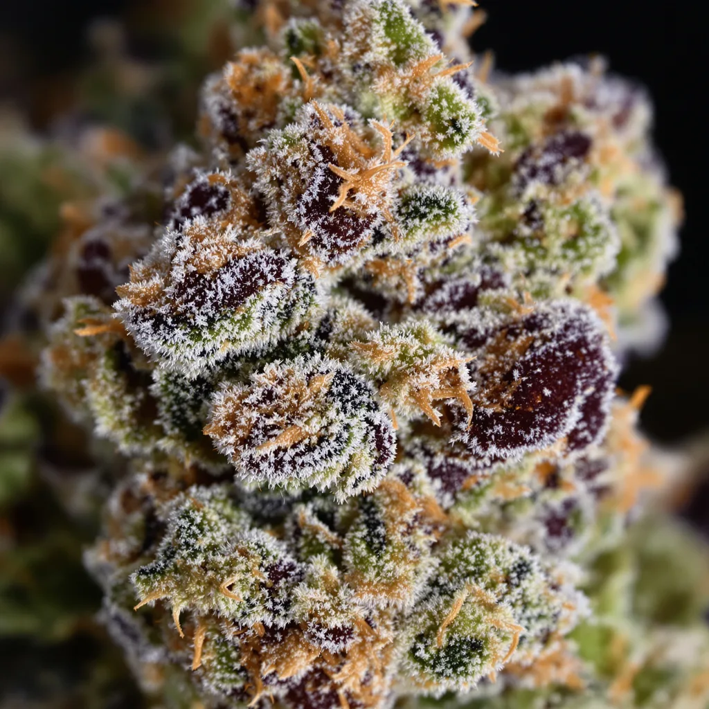 Great White Shark cannabis bud close-up showing dense purple-tinged calyxes