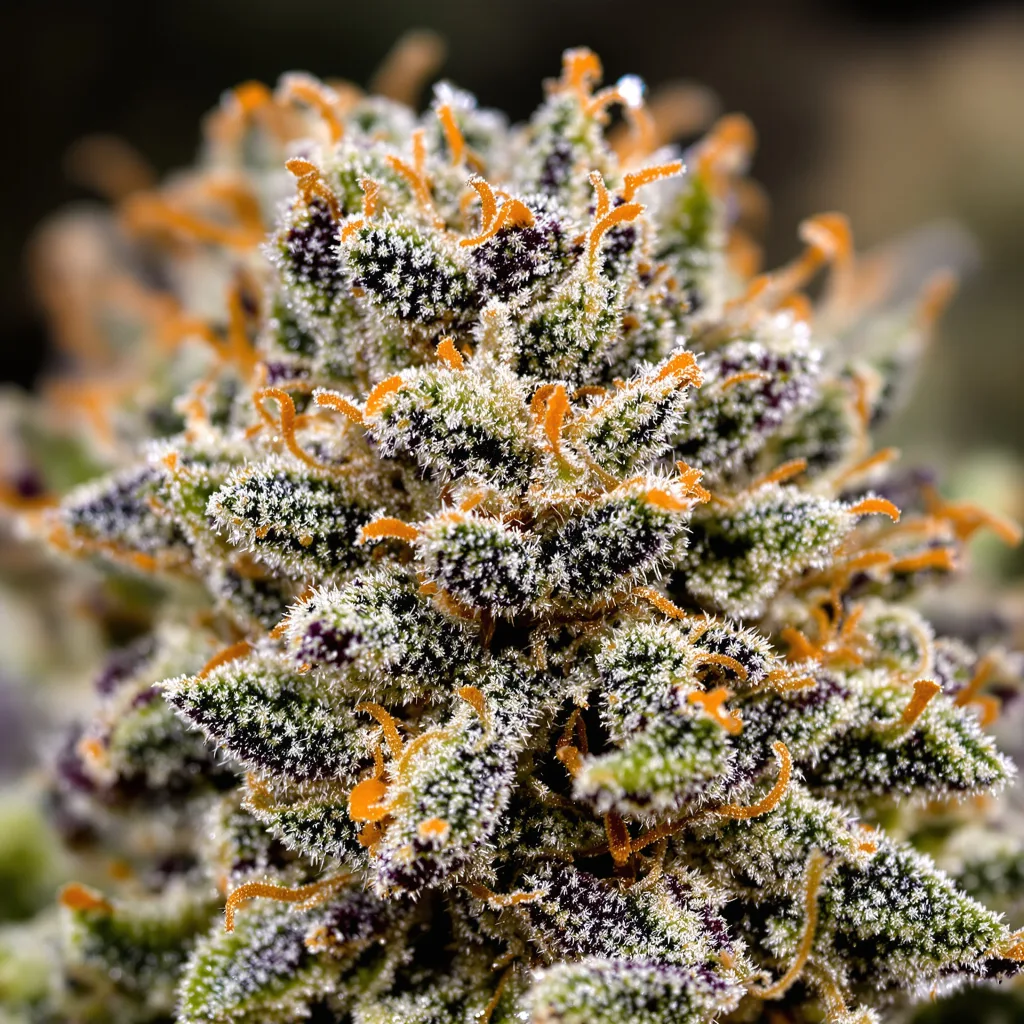 Green Avenger cannabis bud close-up showing balanced bud structure with frosted trichomes