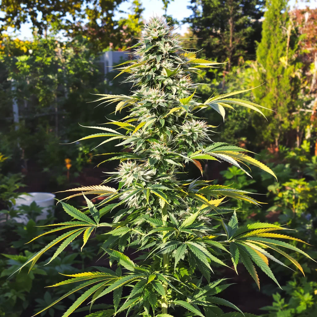 Green Avenger 47% indica / 53% sativa flower with visible trichomes
