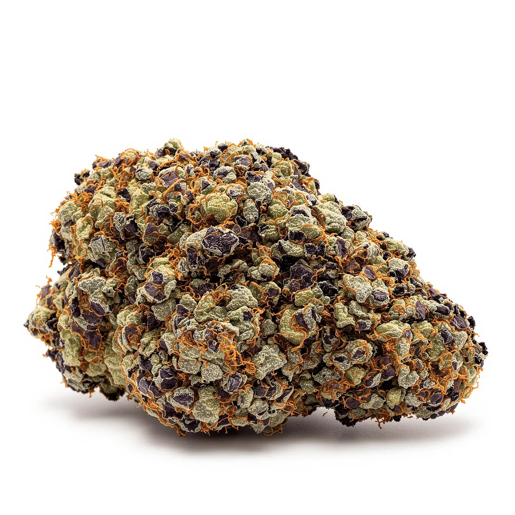 Gutbuster 77% indica / 23% sativa flower with visible trichomes