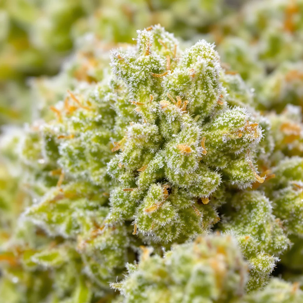 Hawaiian Snow cannabis bud close-up showing lime-green airy structure