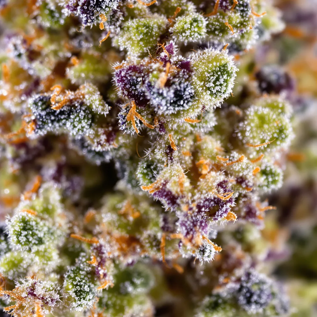 Heavy Duty Fruity cannabis bud close-up showing dense forest-green nugs