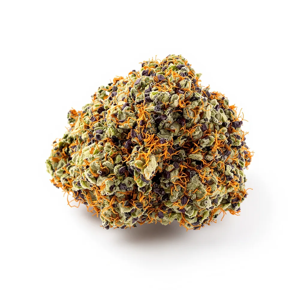 Hindu Kush 100% indica / 50% sativa flower with visible trichomes