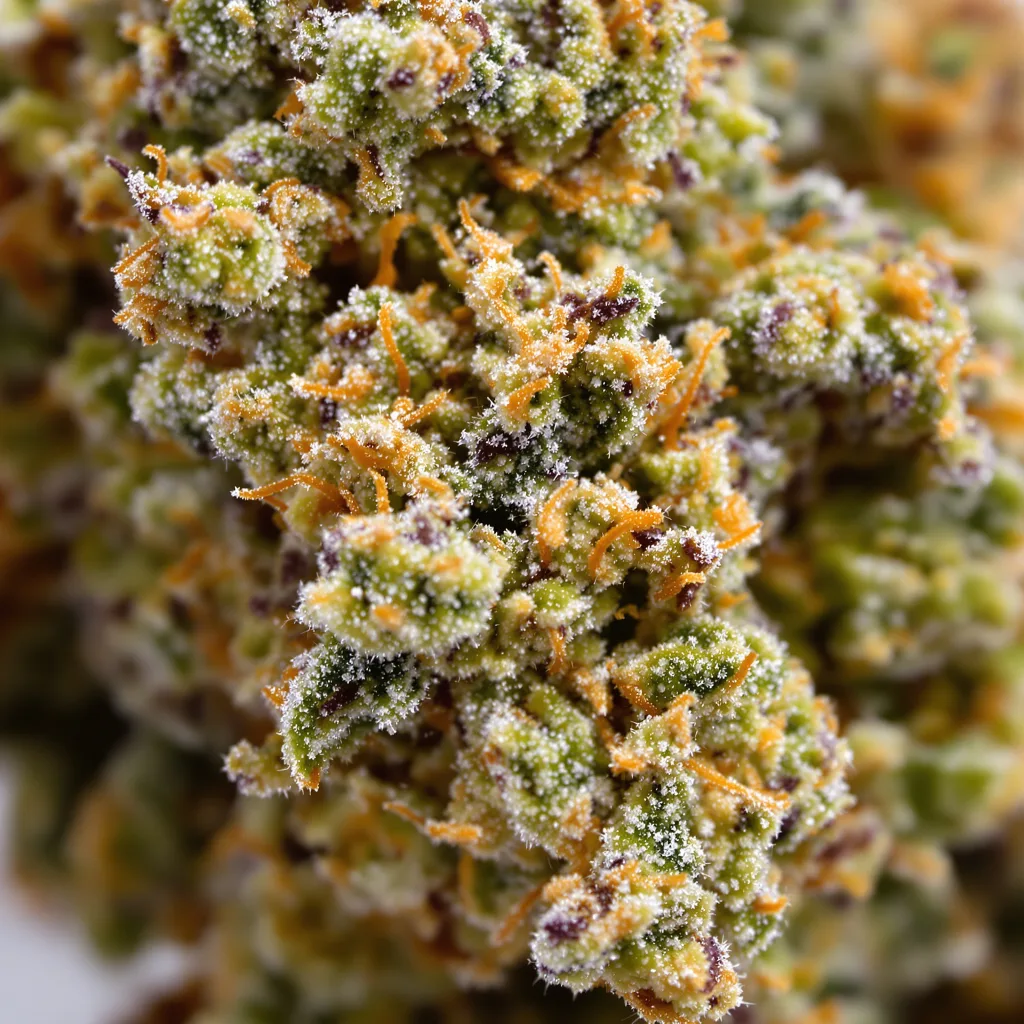 Hippie Crippler cannabis bud close-up showing balanced bud structure with frosted trichomes
