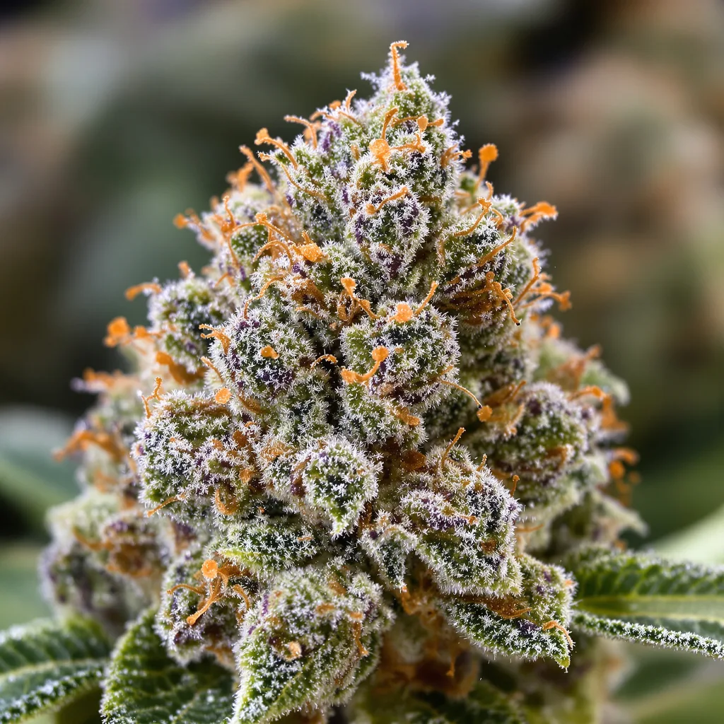 Holy Grail Kush cannabis bud close-up showing dense forest-green nugs