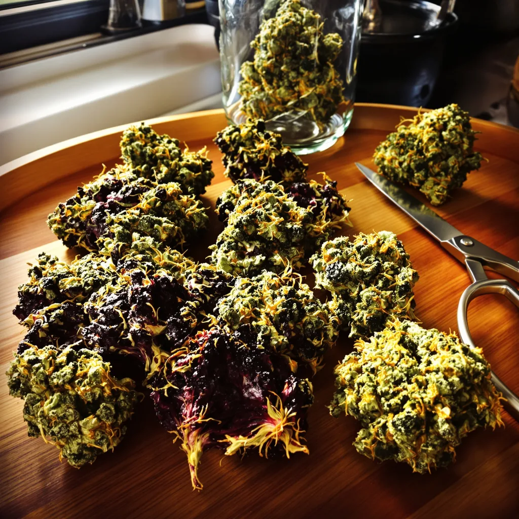 Honey Banana 67% indica / 33% sativa flower with visible trichomes