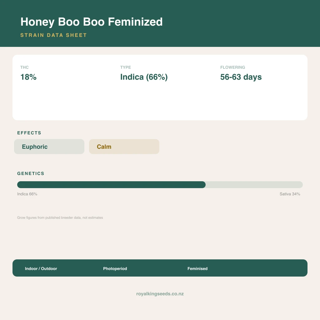 Honey Boo Boo 66% indica / 34% sativa flower with visible trichomes