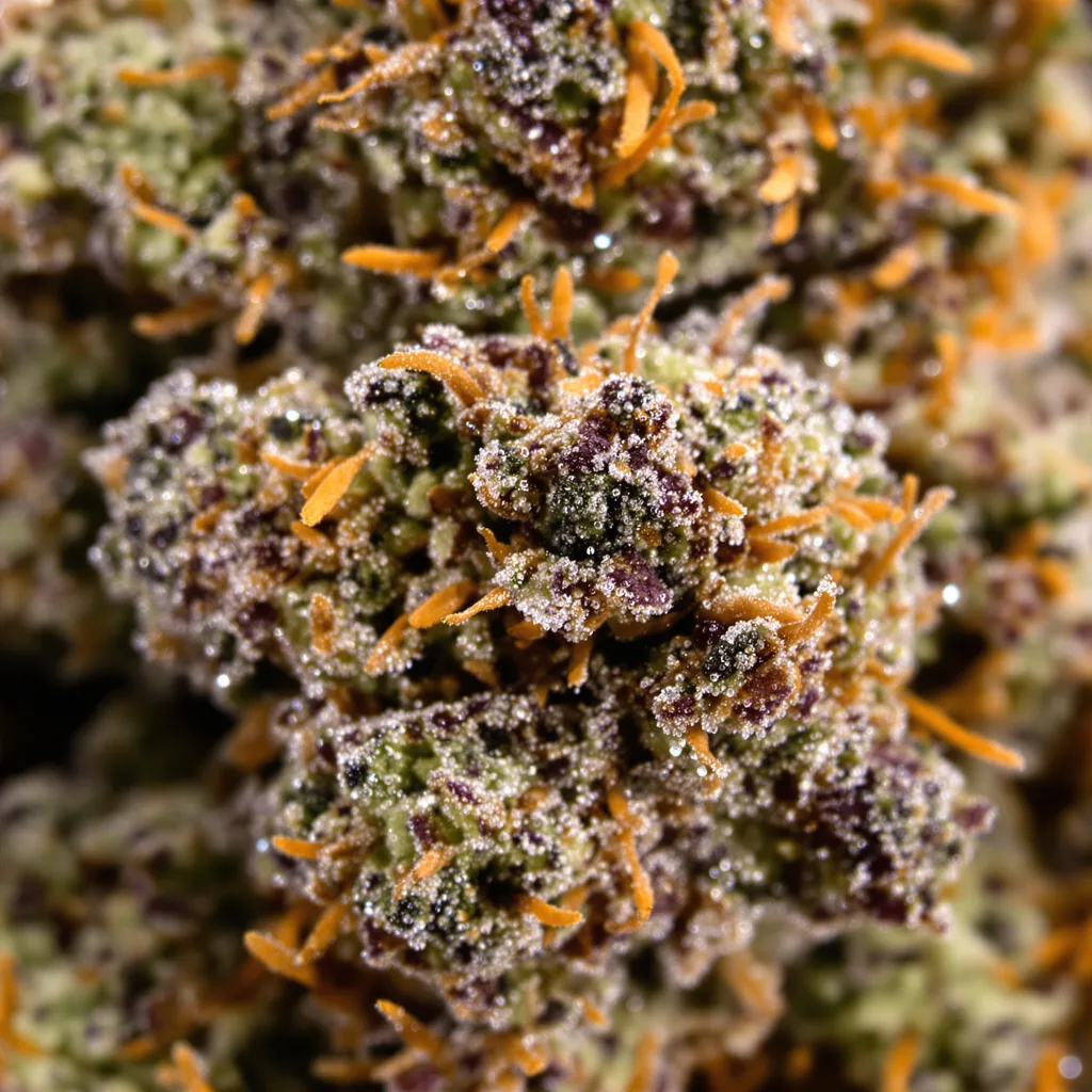 Humboldt Dream cannabis bud close-up showing dense purple-tinged calyxes