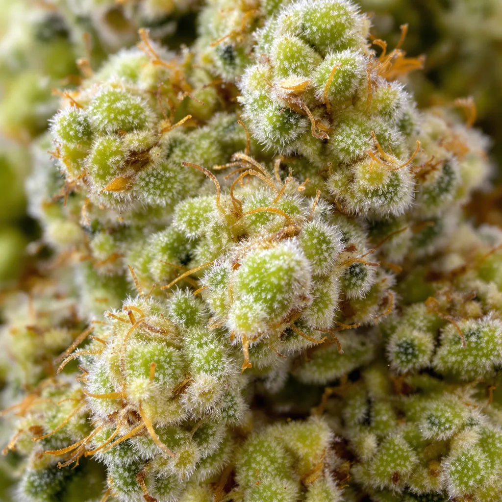 Industrial Plant cannabis bud close-up showing lime-green airy structure