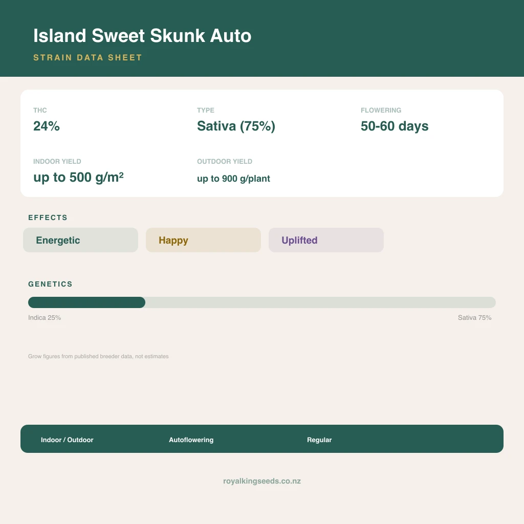 Island Sweet Skunk 25% indica / 75% sativa flower with visible trichomes