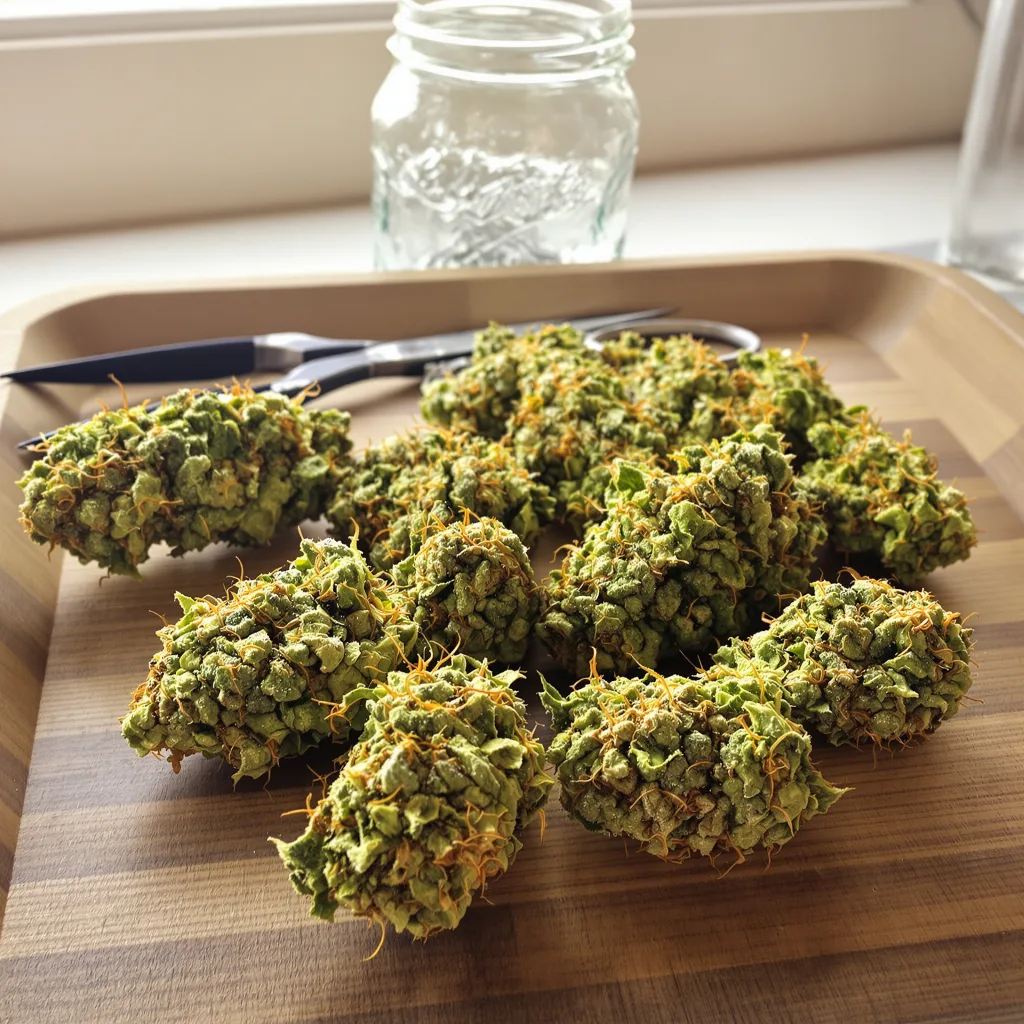 Island Sweet Skunk 25% indica / 75% sativa flower with visible trichomes