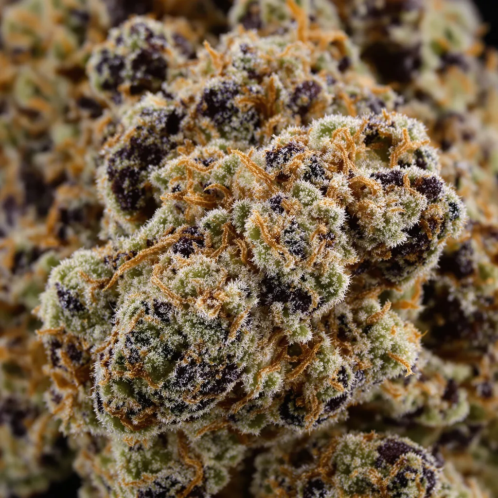 Jedi Cookies cannabis bud close-up showing dense purple-tinged calyxes