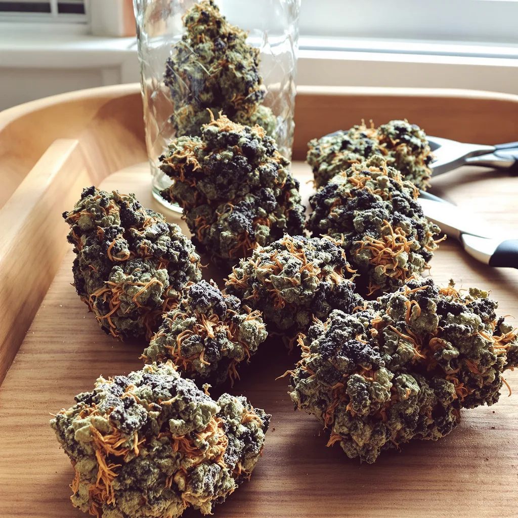 Jedi Kush 90% indica / 50% sativa flower with visible trichomes