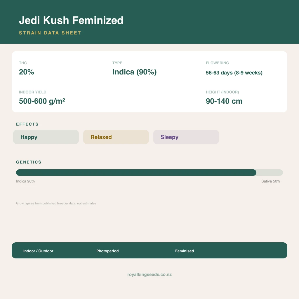Jedi Kush 90% indica / 50% sativa flower with visible trichomes