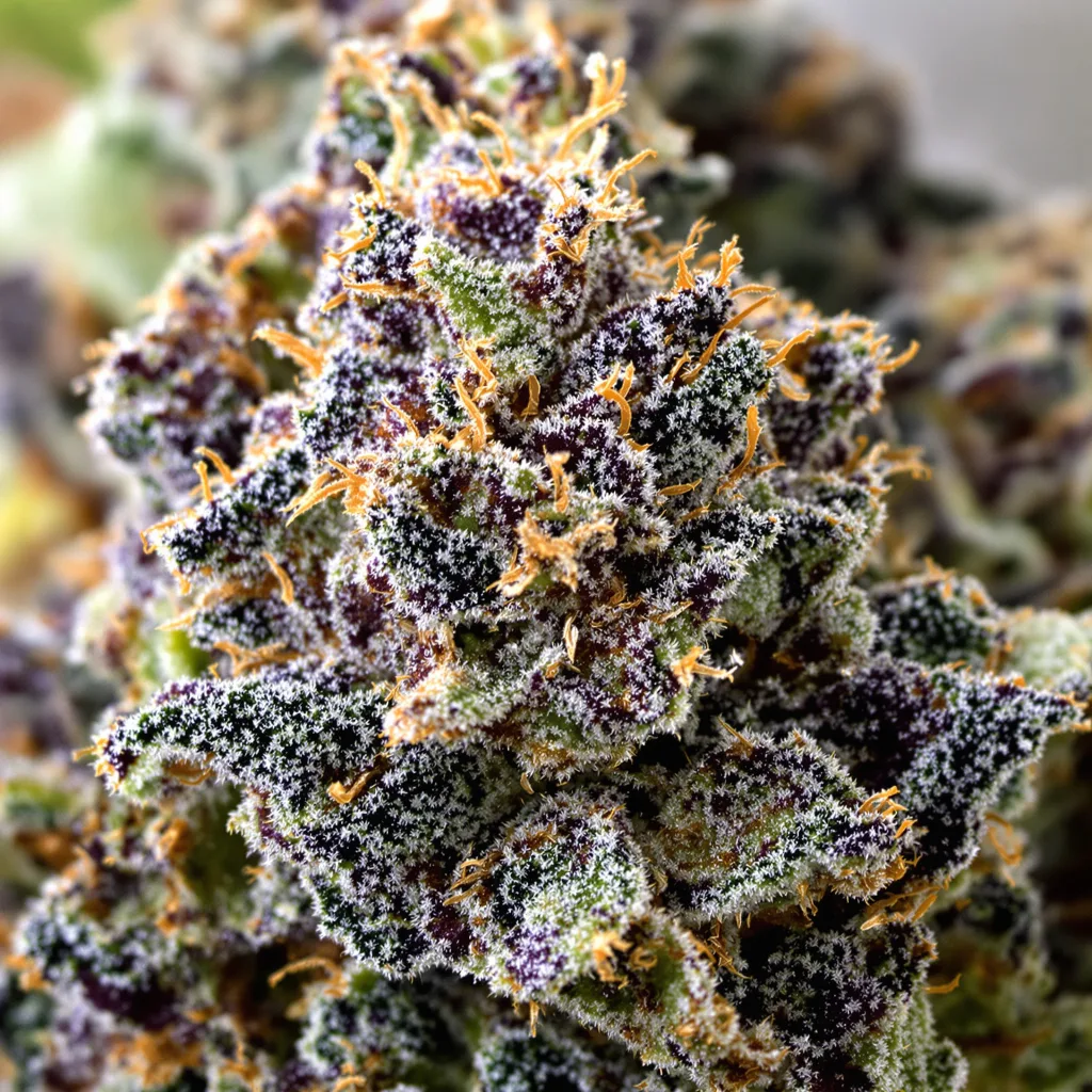 Jedi Kush cannabis bud close-up showing dense purple-tinged calyxes