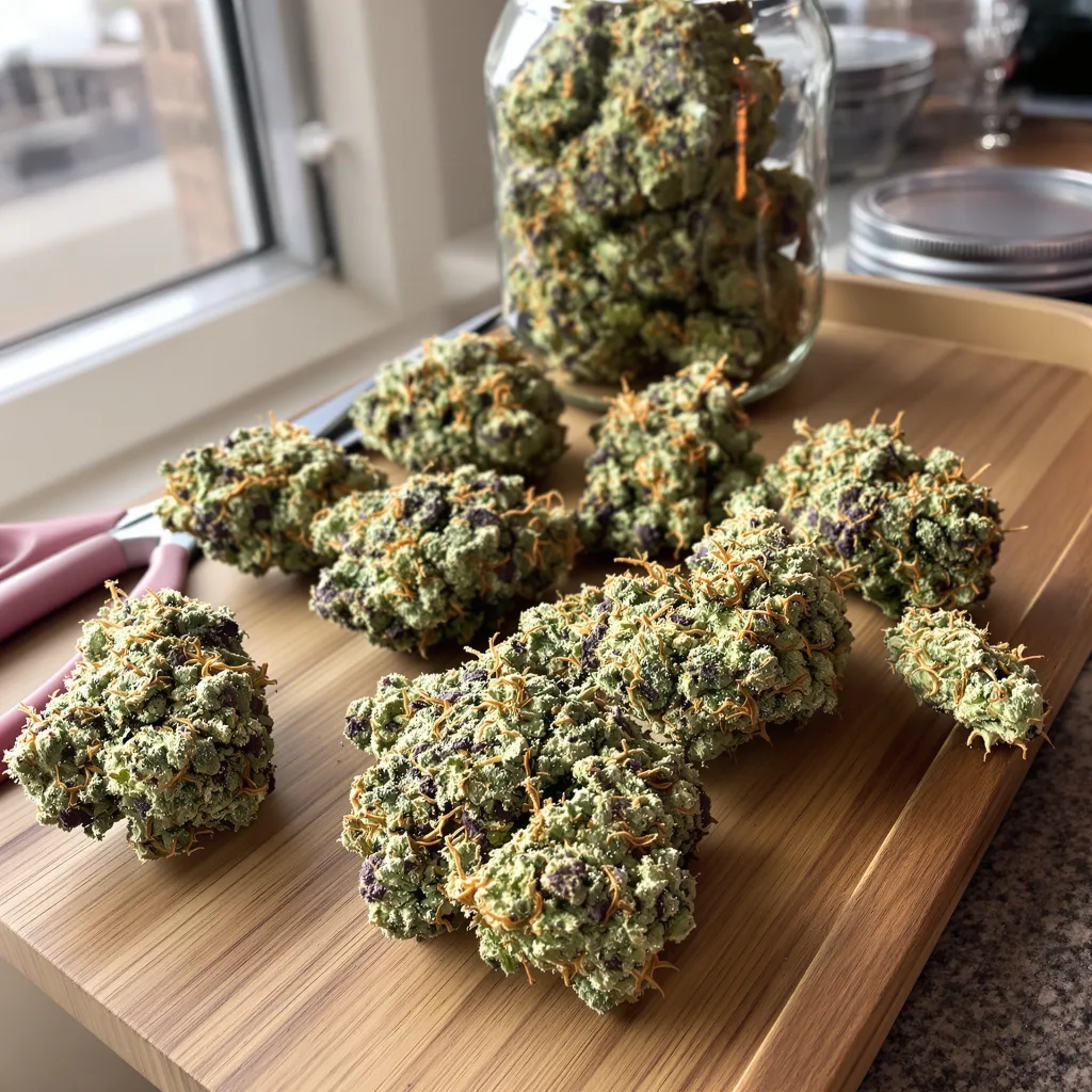 Jesus Juice 54% indica / 46% sativa flower with visible trichomes