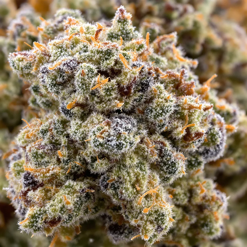 Jesus Juice cannabis bud close-up showing balanced bud structure with frosted trichomes