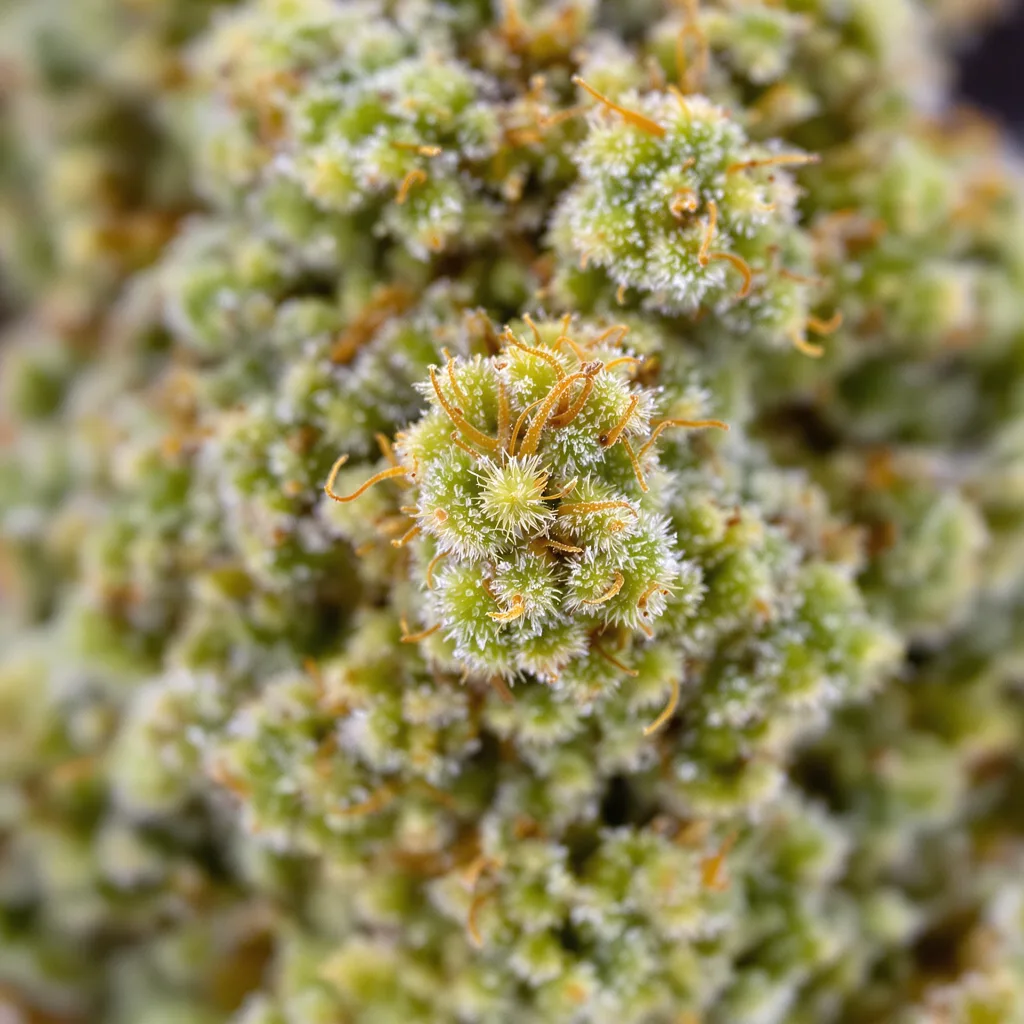 Kali Dog cannabis bud close-up showing lime-green airy structure