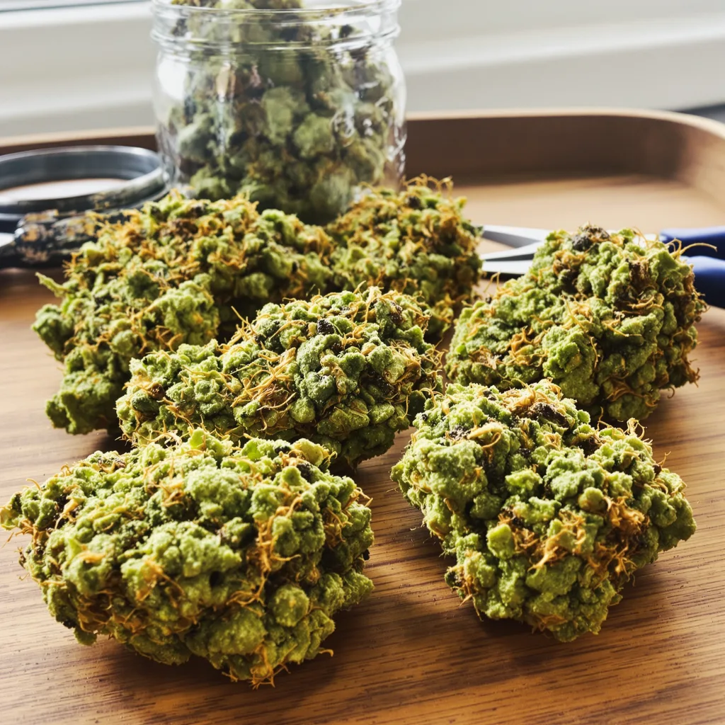 Kali Mist 18% indica / 82% sativa flower with visible trichomes
