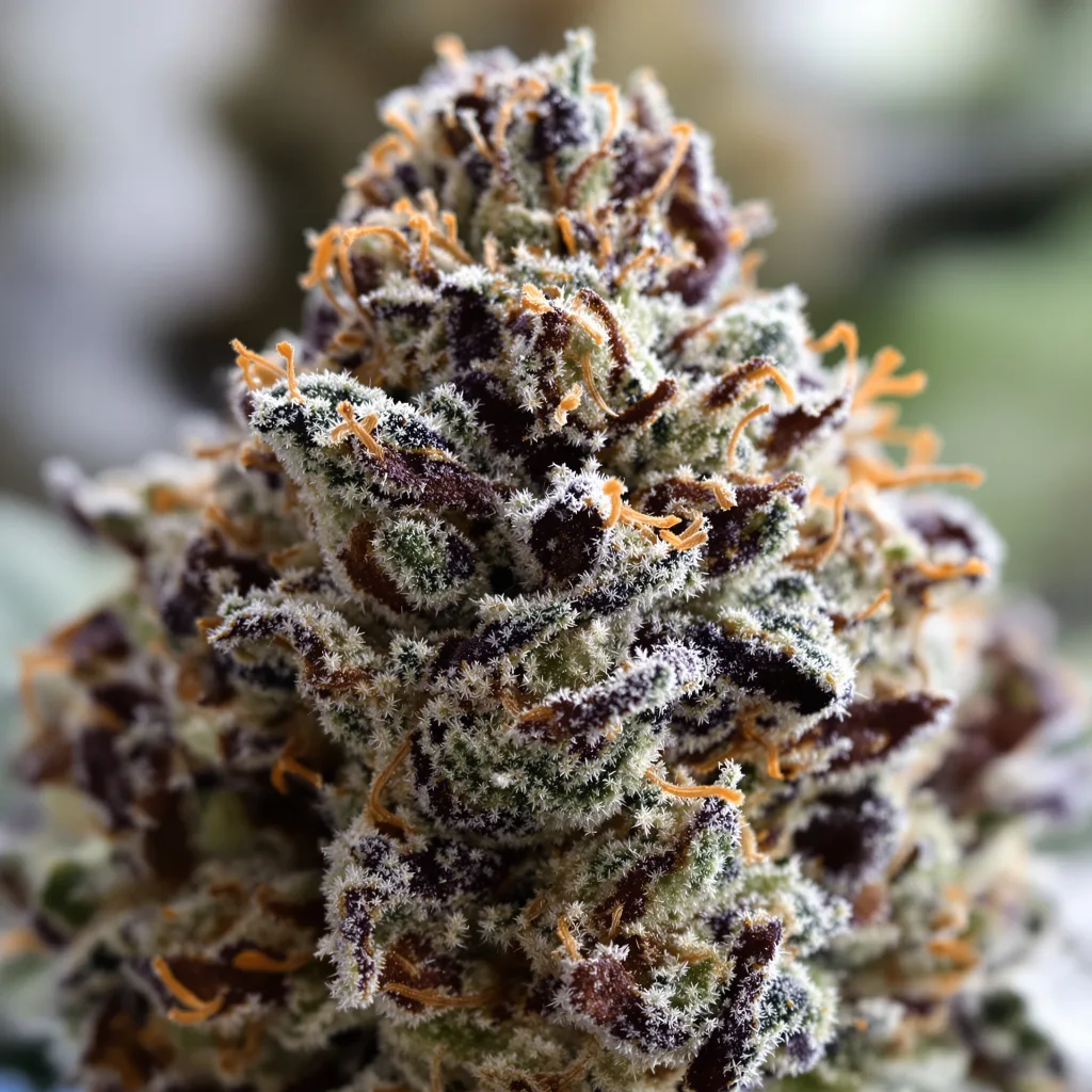 Katsu Kush cannabis bud close-up showing dense purple-tinged calyxes