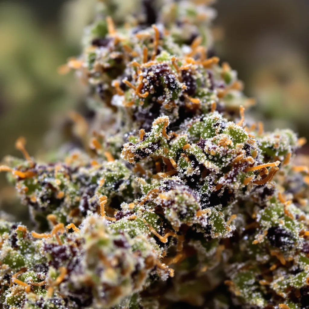 Kid N’ Kookies cannabis bud close-up showing dense purple-tinged calyxes