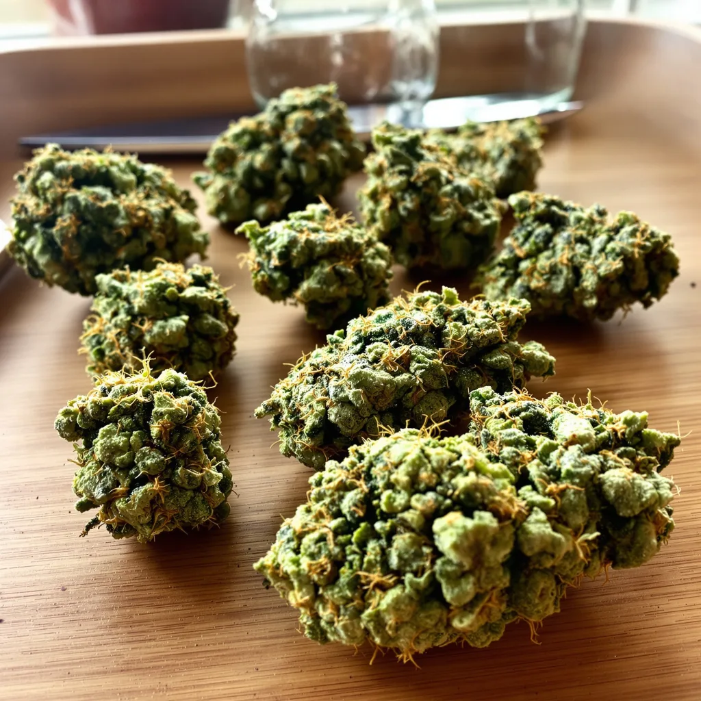 Kilimanjaro 30% indica / 70% sativa flower with visible trichomes