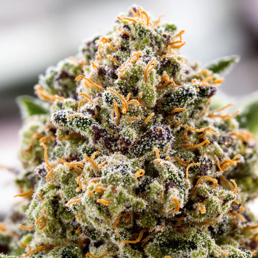 Kobain Kush cannabis bud close-up showing dense forest-green nugs