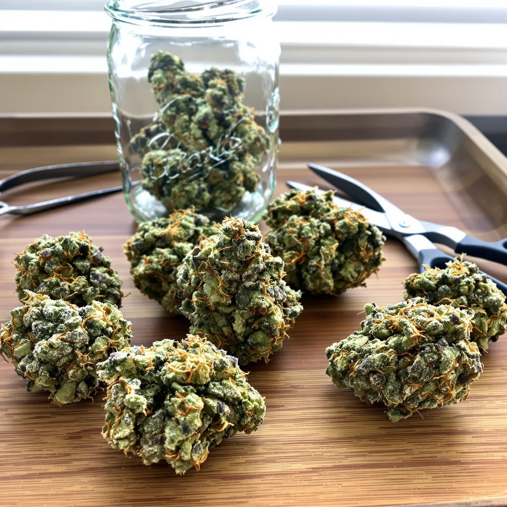 Kosher Tangie 60% indica / 40% sativa flower with visible trichomes